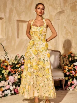 Dresses|Maxi Dresses*Mew Mews Alirio Halterneck Embroidered Flower Maxi Dress