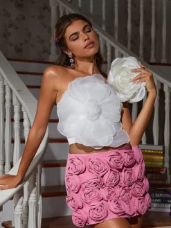 Tops*Mew Mews Fashion Alistair Strapless Flower Mesh Top In White