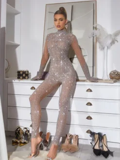 Jumpsuits & Romper*Mew Mews Fashion Ally Rhinestone Mesh Jumpsuit In Silver