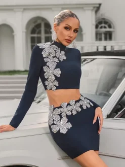 Sets & Co-ords*Bandage Almira Long Sleeve Flower Mini Skirt Set