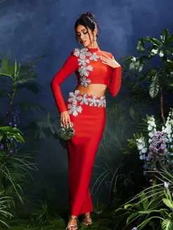 Sets & Co-ords*Bandage Almira Strapless Flower Skirt Set In Red