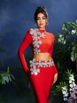 Sets & Co-ords*Bandage Almira Strapless Flower Skirt Set In Red