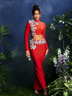 Sets & Co-ords*Bandage Almira Strapless Flower Skirt Set In Red