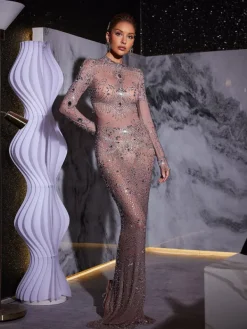Embellishment|Dresses*Embellishment Alonzo Rhinestone Fringe Mesh Maxi Dress