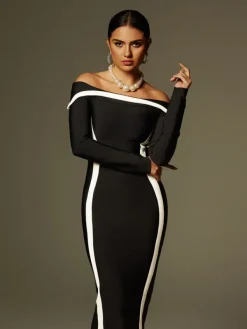 Dresses|Maxi Dresses*Bandage Alyvia Off Shoulder Stripe Maxi Dress