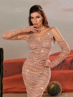 Embellishment|Dresses*Embellishment Amahl Spaghetti Rhinestone Mesh Maxi Dress