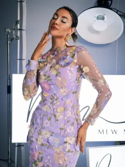 Dresses|Midi Dresses*Mew Mews Fashion Amara Long Sleeve Embroidered Midi Dress In Purple