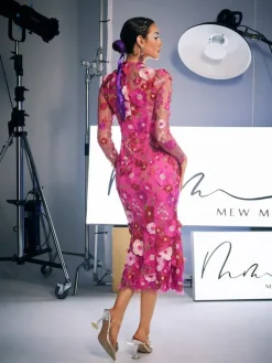 Dresses|Midi Dresses*Mew Mews Fashion Amara Long Sleeve Embroidered Midi Dress In Hot Pink