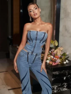 Tops*Mew Mews Fashion Amarel Strapless Cutout Zip Denim Top