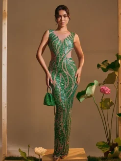 Embellishment|Dresses*Embellishment Anabia Round Neck Printed Rhinestone Maxi Dress