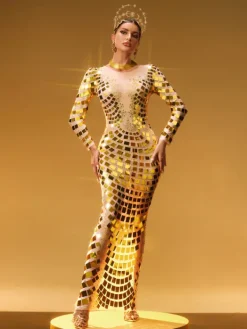 Embellishment|Dresses*Embellishment Angie Long Sleeve Curve Embellished Maxi Dress In Gold