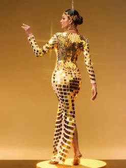 Embellishment|Dresses*Embellishment Angie Long Sleeve Curve Embellished Maxi Dress In Gold