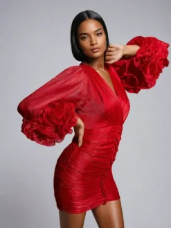 Dresses|Mini Dresses*Mew Mews Fashion Anneline V Neck Ruched Mini Dress In Red