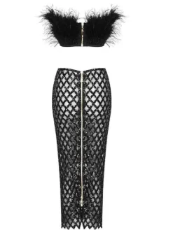 Sets & Co-ords*Bandage Ansley Strapless Feather Mesh Skirt Set In Black