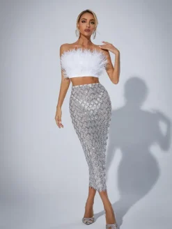Sets & Co-ords*Mew Mews Fashion Ansley Strapless Feather Mesh Skirt Set In White