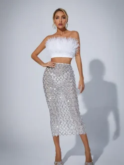 Sets & Co-ords*Mew Mews Fashion Ansley Strapless Feather Mesh Skirt Set In White