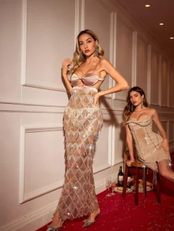 Dresses|Maxi Dresses*Mew Mews Fashion Antonella Hollow Sequin Fringe Mesh Dress