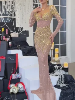 Embellishment|Dresses*Embellishment Aocoa Long Sleeve Rhinestone Maxi Dress