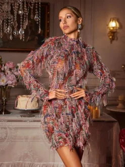 Dresses|Mini Dresses*Mew Mews Fashion Archki Long Sleeve Fringe Mini Dress