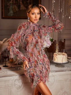 Dresses|Mini Dresses*Mew Mews Fashion Archki Long Sleeve Fringe Mini Dress