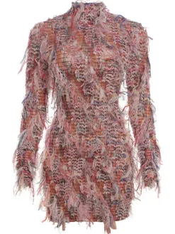 Dresses|Mini Dresses*Mew Mews Fashion Archki Long Sleeve Fringe Mini Dress