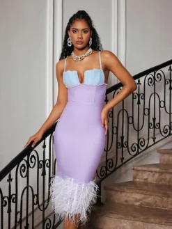 Dresses|Midi Dresses*Bandage Arife Spaghetti Pearl Feather Dress