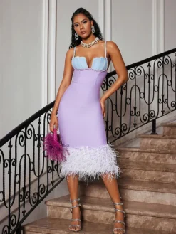 Dresses|Midi Dresses*Bandage Arife Spaghetti Pearl Feather Dress