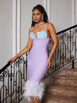 Dresses|Midi Dresses*Bandage Arife Spaghetti Pearl Feather Dress