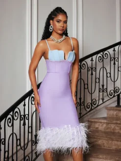 Dresses|Midi Dresses*Bandage Arife Spaghetti Pearl Feather Dress