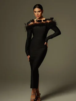 Dresses|Midi Dresses*Bandage Arlen Off Shoulder Feather Midi Dress