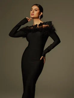 Dresses|Midi Dresses*Bandage Arlen Off Shoulder Feather Midi Dress