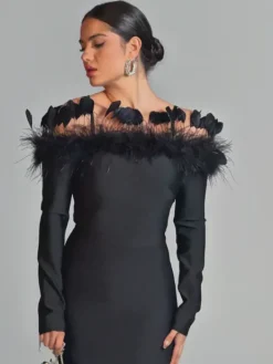Dresses|Midi Dresses*Bandage Arlen Off Shoulder Feather Midi Dress