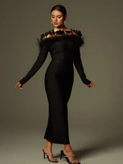 Dresses|Midi Dresses*Bandage Arlen Off Shoulder Feather Midi Dress