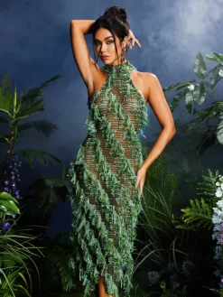 Dresses|Midi Dresses*Mew Mews Fashion Arlo Halterneck Backless Hollow Midi Dress In Green