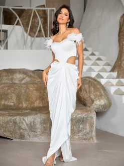 Embellishment|Dresses*Lu Yili Arouette Off Shoulder Cutout Feather Satin Dress