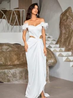 Embellishment|Dresses*Lu Yili Arouette Off Shoulder Cutout Feather Satin Dress