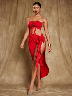 Sets & Co-ords*Mew Mews Fashion Arrietty Flower Draped Split Skirt Set In Red