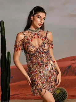 Beaded Wear|Dresses*Mew Mews Fashion O/S Arthur Rhinestone Beaded Mini Dress