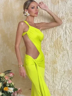Dresses|Maxi Dresses*Mew Mews Fashion Arythix Cutout Draped Maxi Dress In Lime Yellow