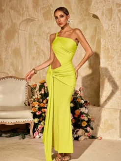 Dresses|Maxi Dresses*Mew Mews Fashion Arythix Cutout Draped Maxi Dress In Lime Yellow