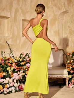 Dresses|Maxi Dresses*Mew Mews Fashion Arythix Cutout Draped Maxi Dress In Lime Yellow