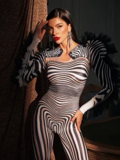 Jumpsuits & Romper|Embellishment*Embellishment O/S Assisi Tulle Trimmed Zebra Printed Jumpsuit