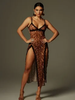 Dresses|Midi Dresses*Mew Mews Fashion Astragal Spaghetti Leopard Split Midi Dress