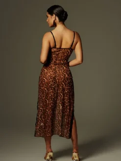 Dresses|Midi Dresses*Mew Mews Fashion Astragal Spaghetti Leopard Split Midi Dress
