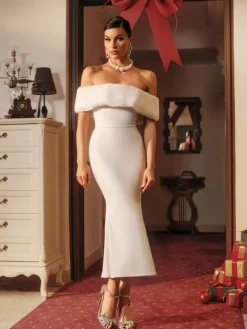 Dresses|Midi Dresses*Bandage Aubelin Off Shoulder Faux Fur Dress