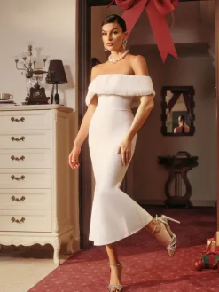 Dresses|Midi Dresses*Bandage Aubelin Off Shoulder Faux Fur Dress