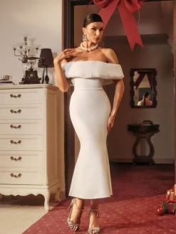 Dresses|Midi Dresses*Bandage Aubelin Off Shoulder Faux Fur Dress