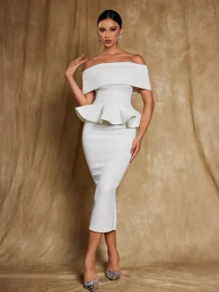Dresses|Midi Dresses*Mew Mews Fashion Augustus Off Shoulder Flounce Midi Dress In White
