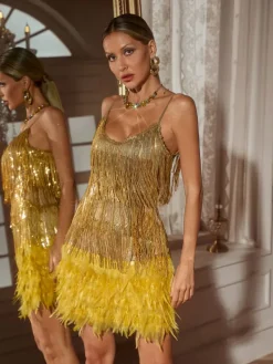 Dresses|Mini Dresses*Mew Mews Fashion Austyn Tassel Feather Mini Dress In Gold