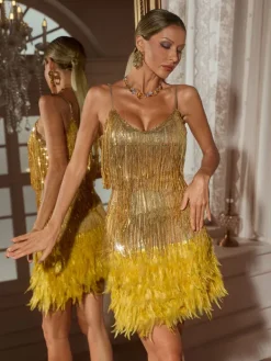 Dresses|Mini Dresses*Mew Mews Fashion Austyn Tassel Feather Mini Dress In Gold